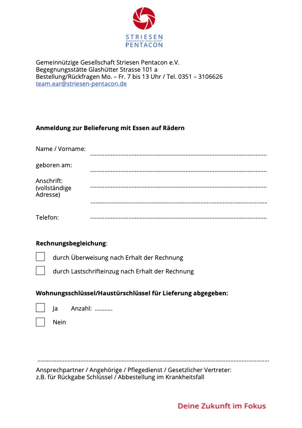 Anmeldung Essen auf Rädern Anmeldung Essen auf Rädern